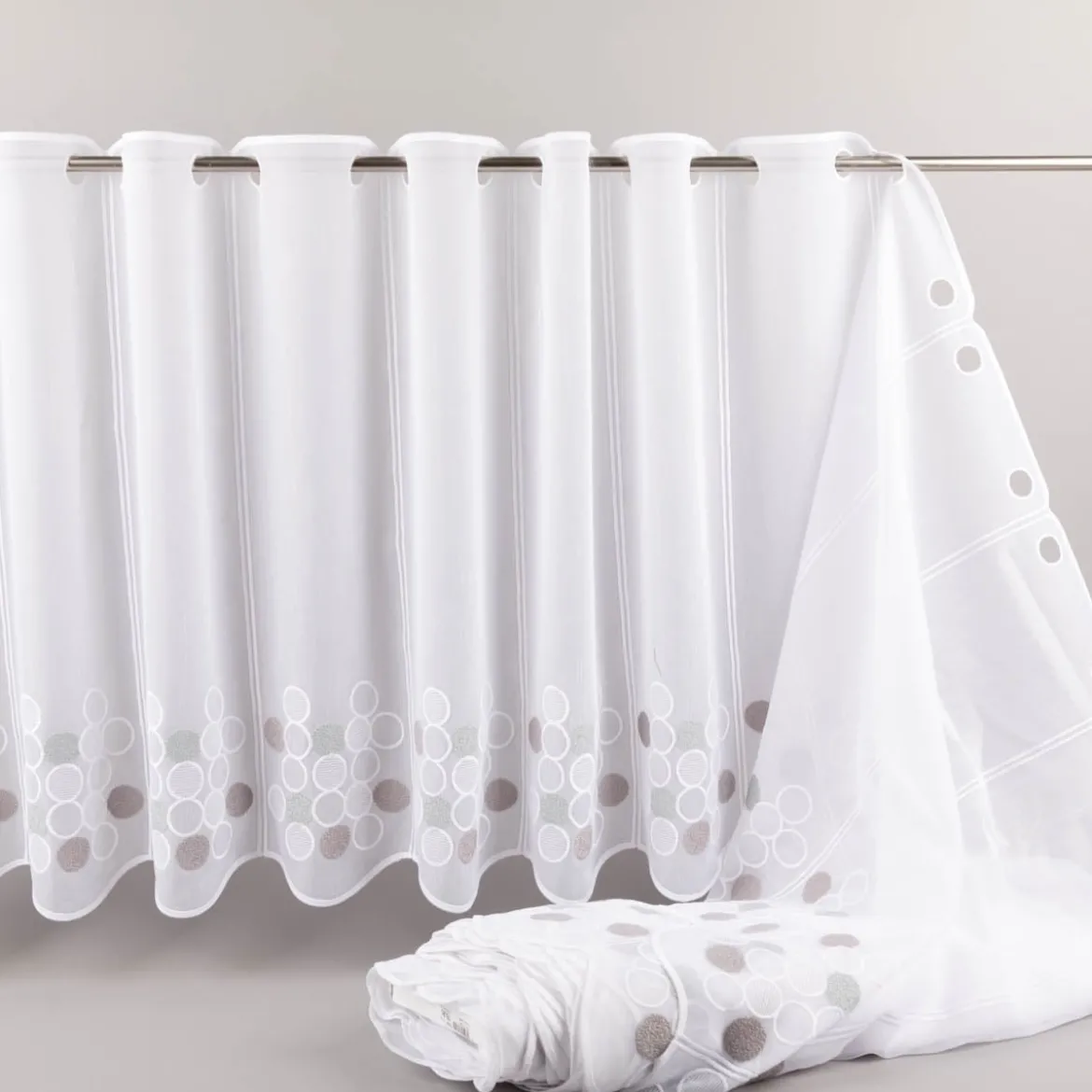 Scheibengardinen Meterware nähfrei Voile Stickerei Kreise weiß grün grau 60cm Höhe
