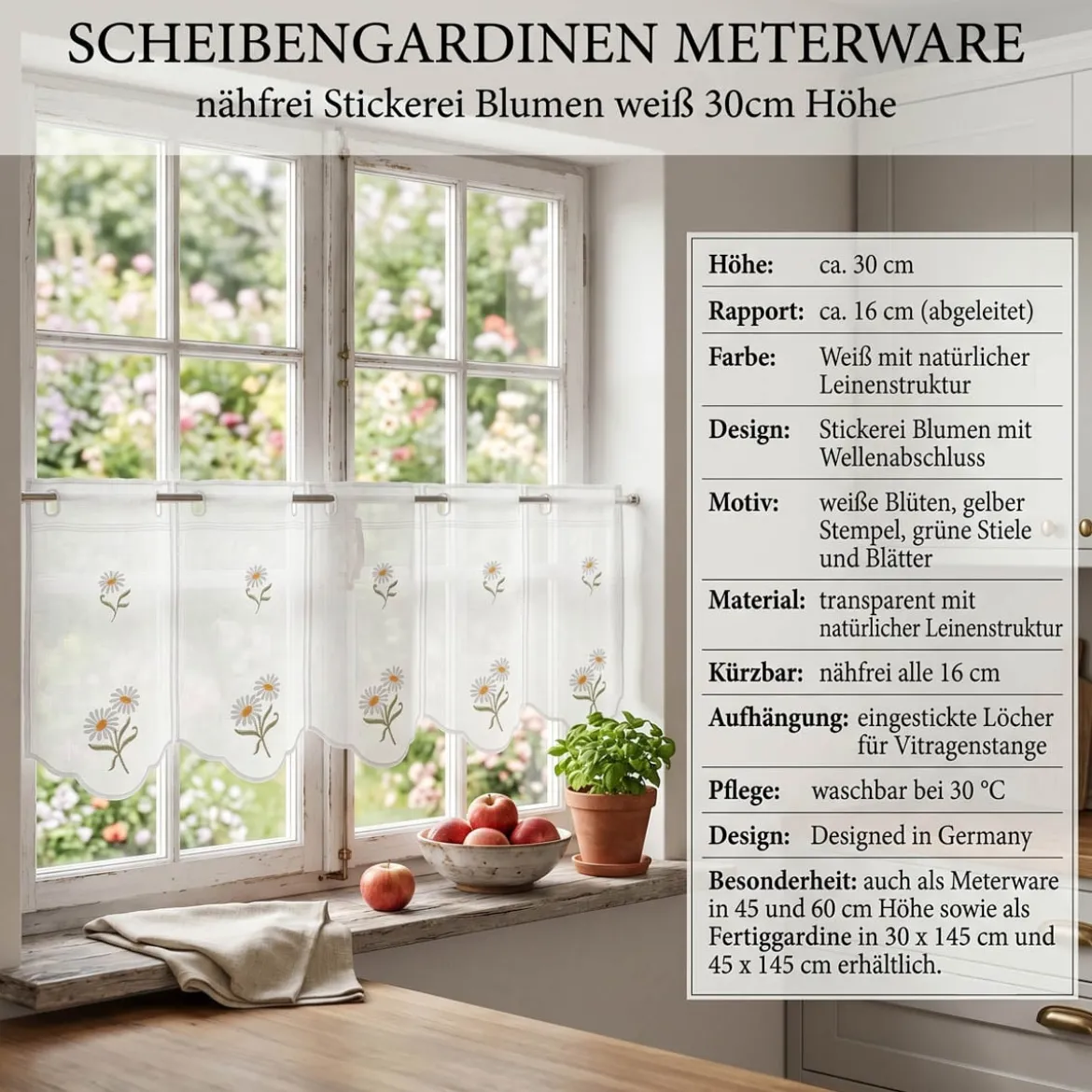 Scheibengardinen Meterware nähfrei Stickerei Blumen weiß 30cm Höhe