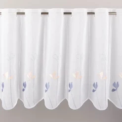 Scheibengardinen Meterware nähfrei Stickerei Voile Blumen weiß blau 45cm Höhe