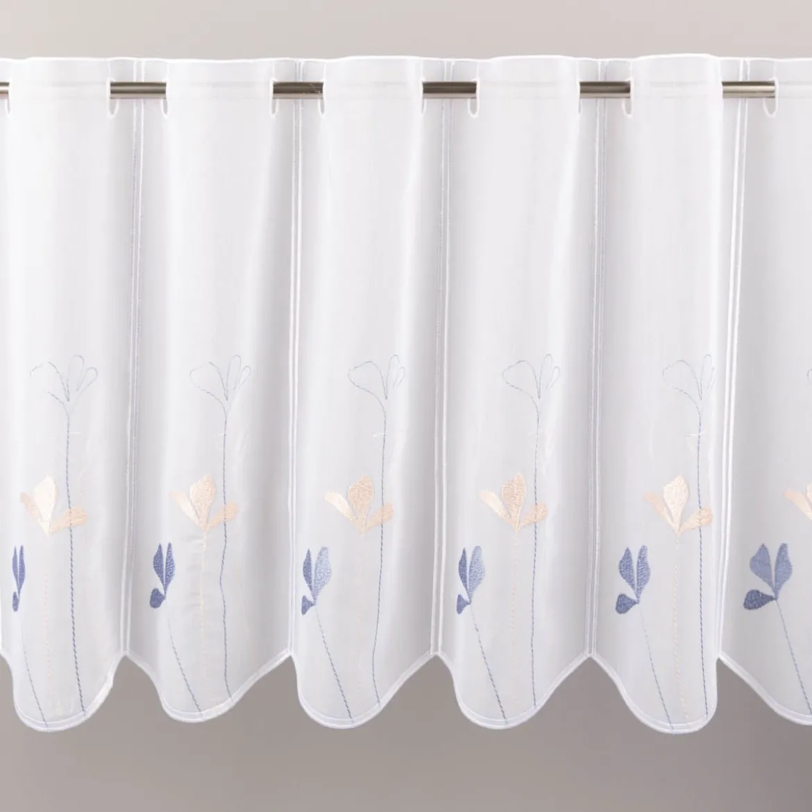 Scheibengardinen Meterware nähfrei Stickerei Voile Blumen weiß blau 45cm Höhe