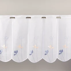 Scheibengardinen Meterware nähfrei Stickerei Voile Blumen weiß blau 45cm Höhe