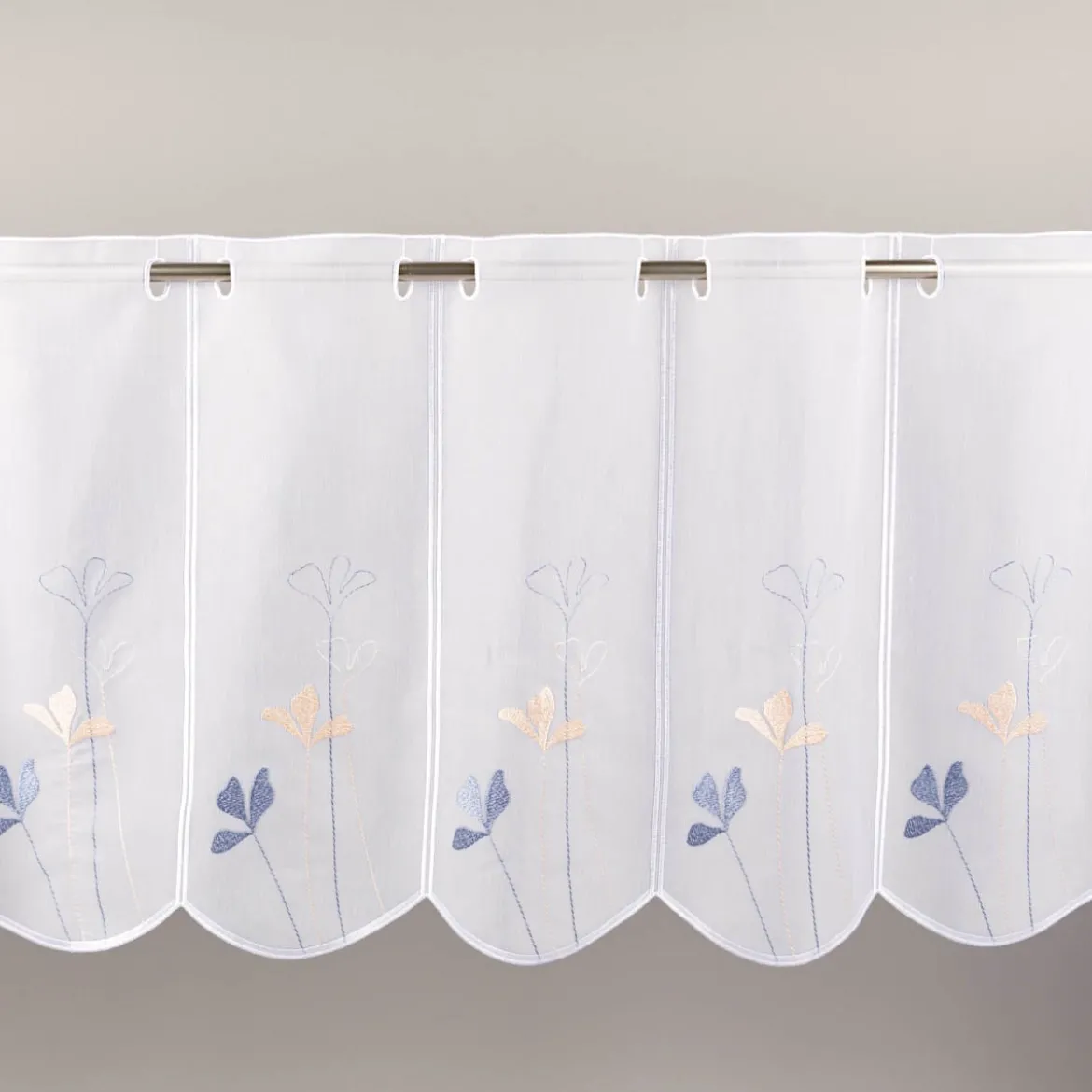 Scheibengardinen Meterware nähfrei Stickerei Voile Blumen weiß blau 45cm Höhe