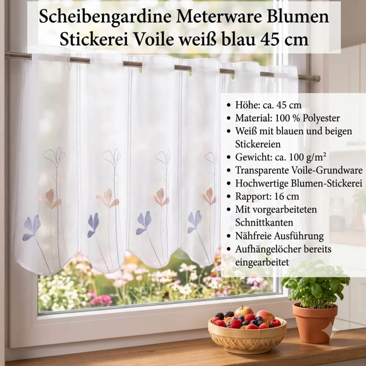 Scheibengardinen Meterware nähfrei Stickerei Voile Blumen weiß blau 45cm Höhe