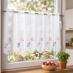Scheibengardinen Meterware nähfrei Stickerei Voile Blumen weiß blau 45cm Höhe