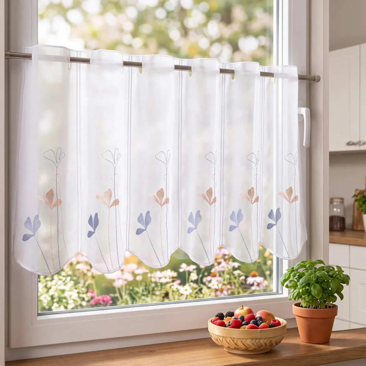 Scheibengardinen Meterware nähfrei Stickerei Voile Blumen weiß blau 45cm Höhe