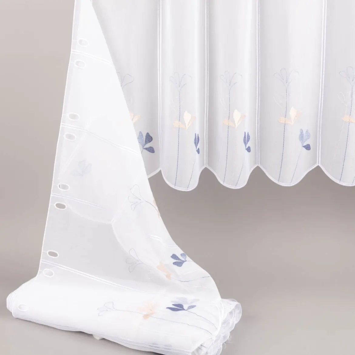 Scheibengardinen Meterware nähfrei Stickerei Voile Blumen weiß blau 45cm Höhe