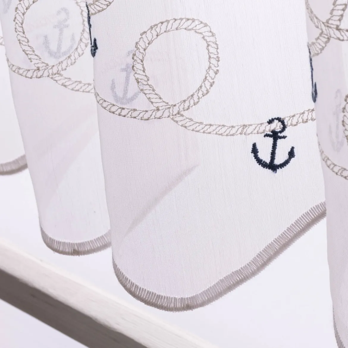 Scheibengardinen Meterware nähfrei Stickerei Voile maritim Anker weiß blau 30cm Höhe