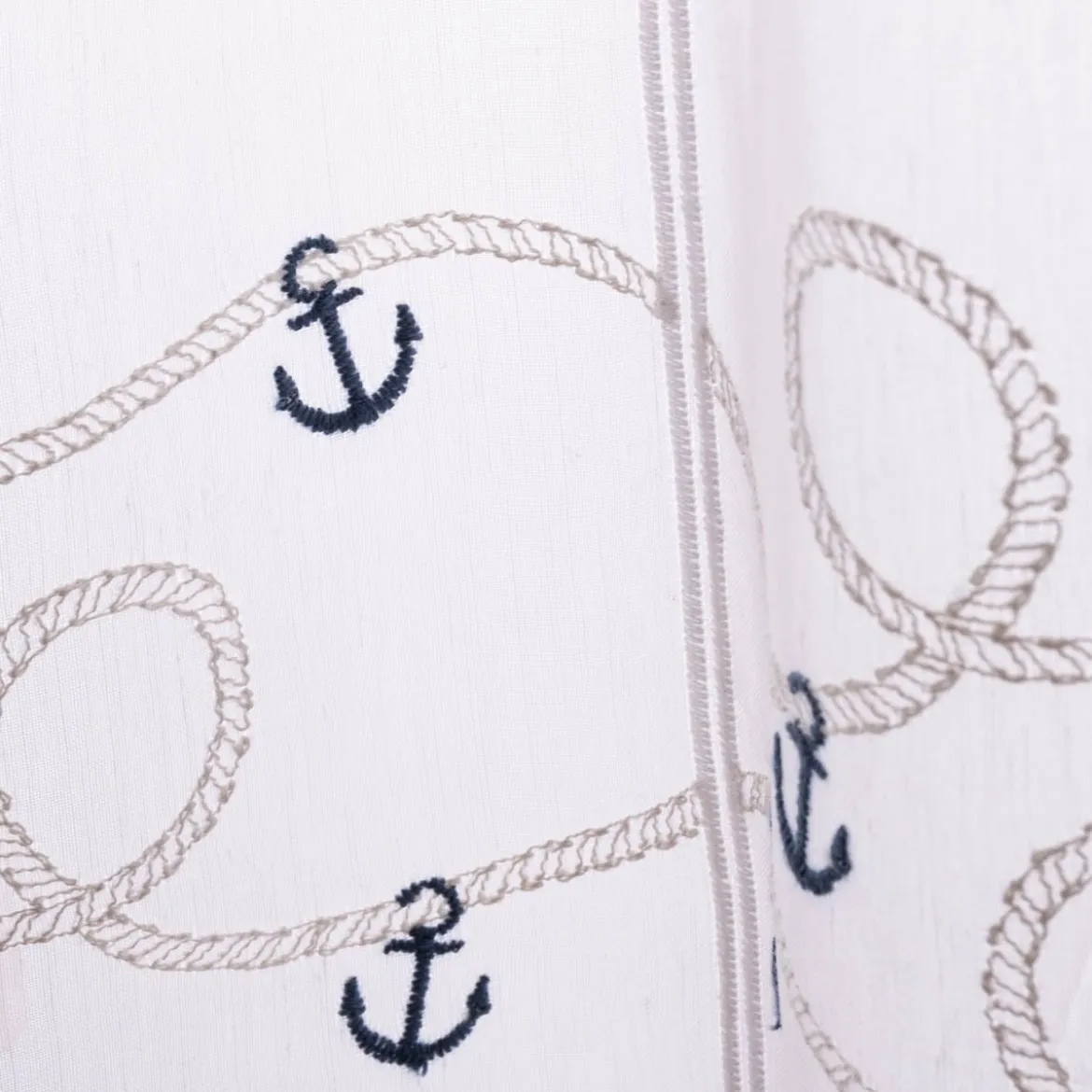 Scheibengardinen Meterware nähfrei Stickerei Voile maritim Anker weiß blau 30cm Höhe