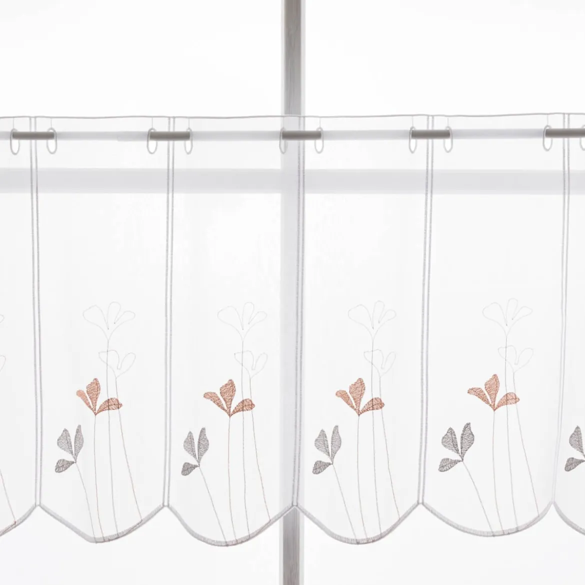 Scheibengardinen Meterware nähfrei Stickerei Voile Blumen weiß lachsrosa 45cm Höhe
