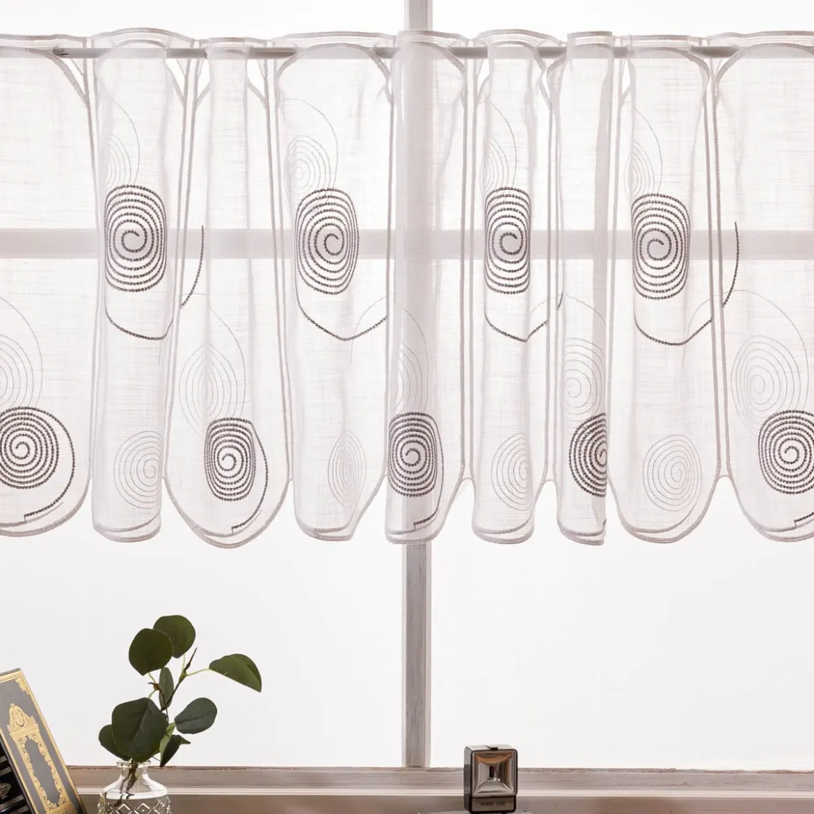 Scheibengardinen Meterware nähfrei Spiralen weiß grau 45cm Höhe