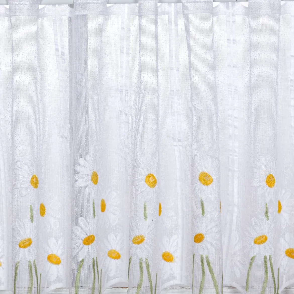 Scheibengardinen Meterware nähfrei Jacquard grob Margerite weiß gelb grün 45cm Höhe