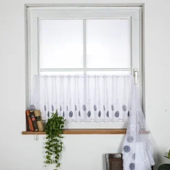 Scheibengardinen Meterware nähfrei Stickerei Kreise weiß grau blau 45cm Höhe