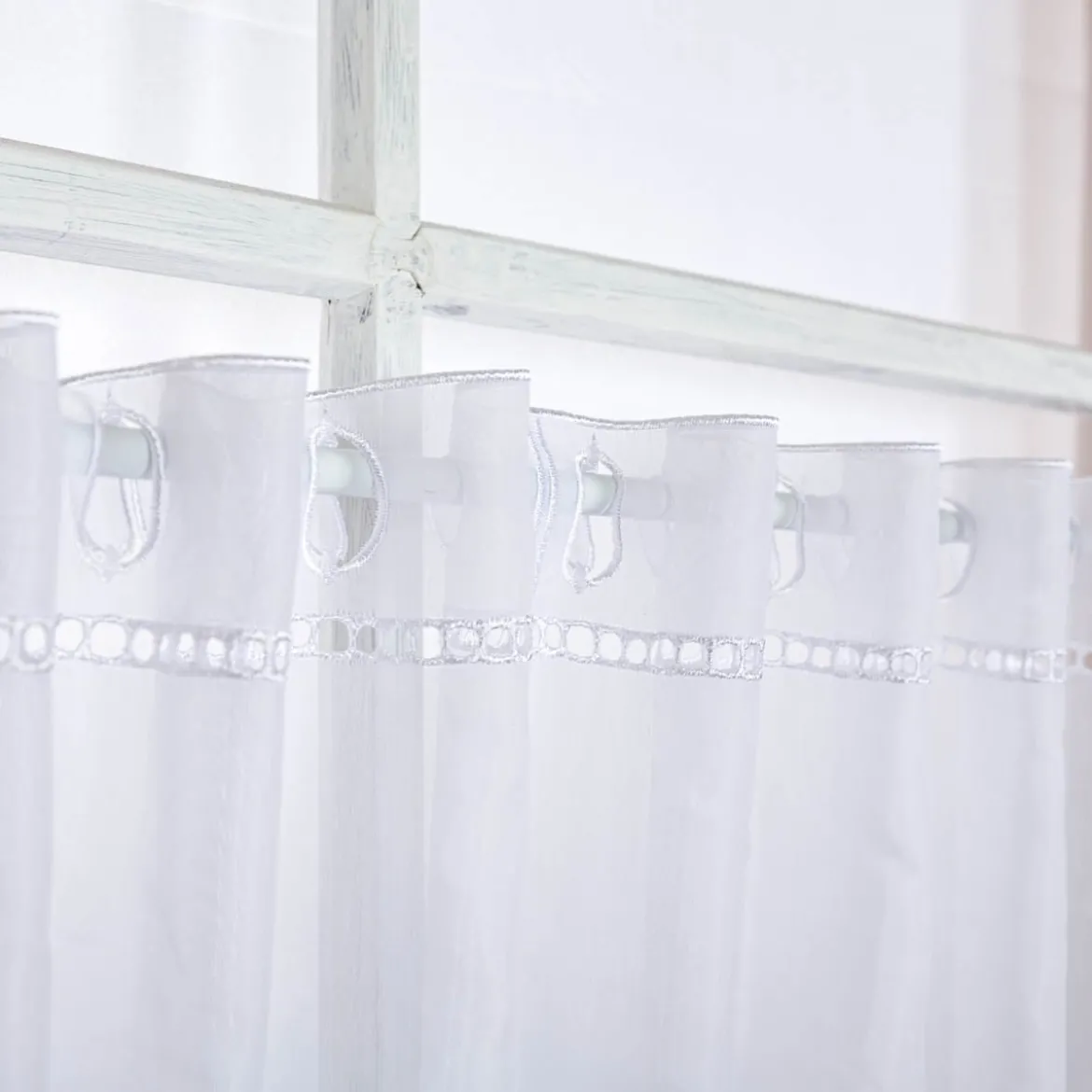 Scheibengardinen Meterware nähfrei Stickerei Kreise weiß grau blau 45cm Höhe