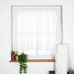 Scheibengardinen Meterware Makrameé-Stickerei Leinenstruktur nähfrei wollweiß 90cm Höhe