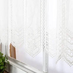 Scheibengardinen Meterware Makrameé-Stickerei Leinenstruktur nähfrei wollweiß 90cm Höhe