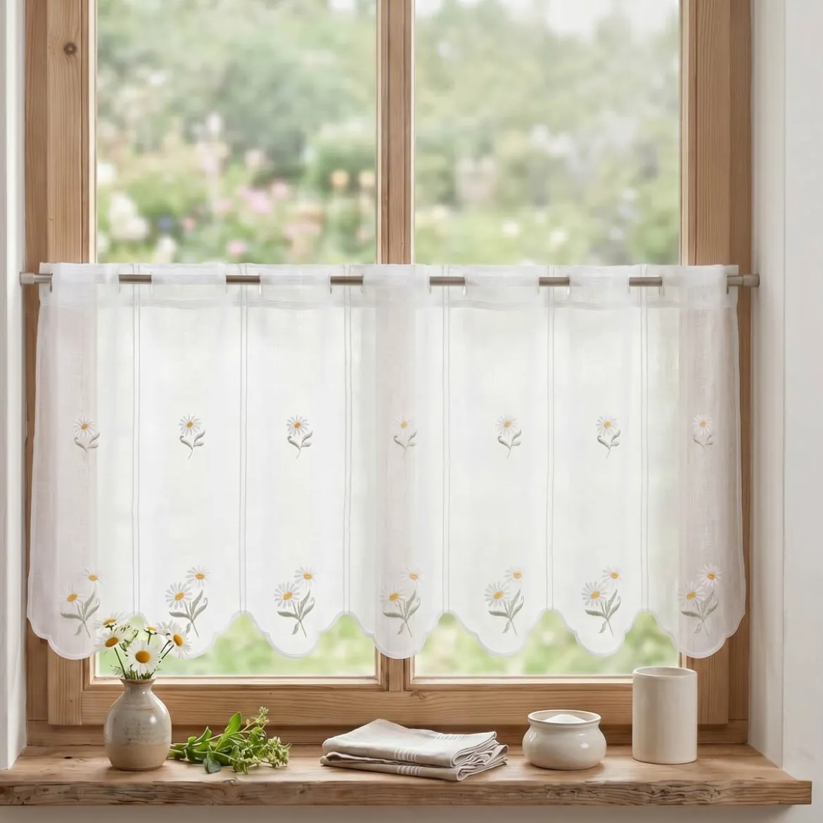 Scheibengardinen Meterware nähfrei Stickerei Blumen weiß 45cm Höhe
