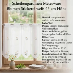 Scheibengardinen Meterware nähfrei Stickerei Blumen weiß 45cm Höhe