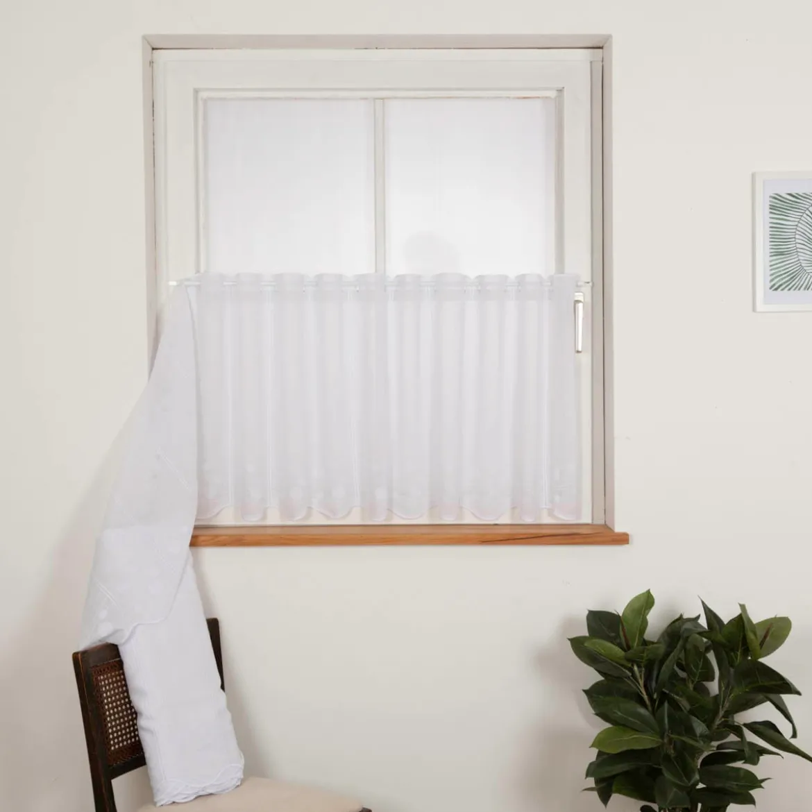 Scheibengardinen Meterware Stickerei Leinenoptik Kreise wollweiß 60cm hoch