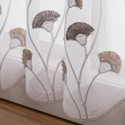 Scheibengardinen Meterware nähfrei Stickerei Fransen Blumen weiß grau beige 100cm Höhe