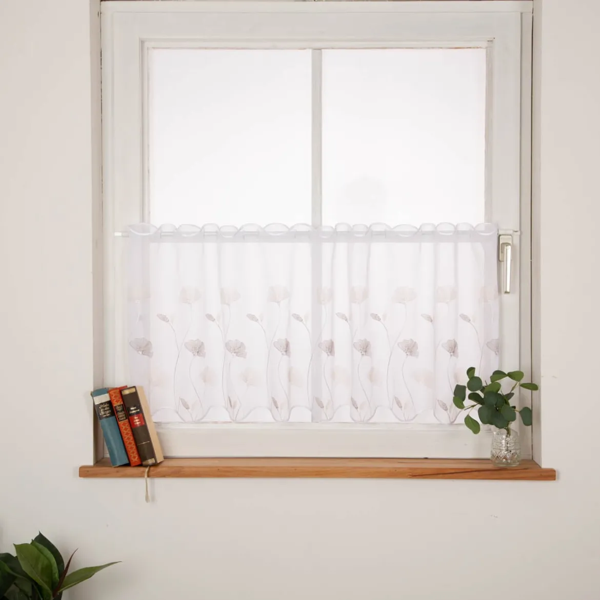 Scheibengardine Stickerei Gingko Blätter weiß taupe 50x145cm (HxB)
