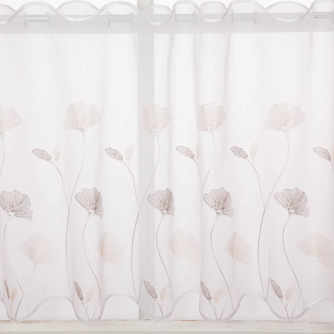 Scheibengardine Stickerei Gingko Blätter weiß taupe 50x145cm (HxB)