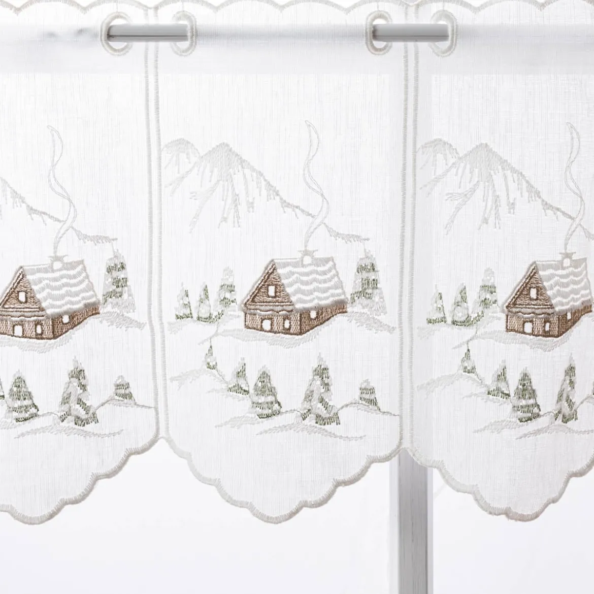 Scheibengardine Stickerei Leinenoptik nähfrei Winterhaus wollweiß 30cm Höhe