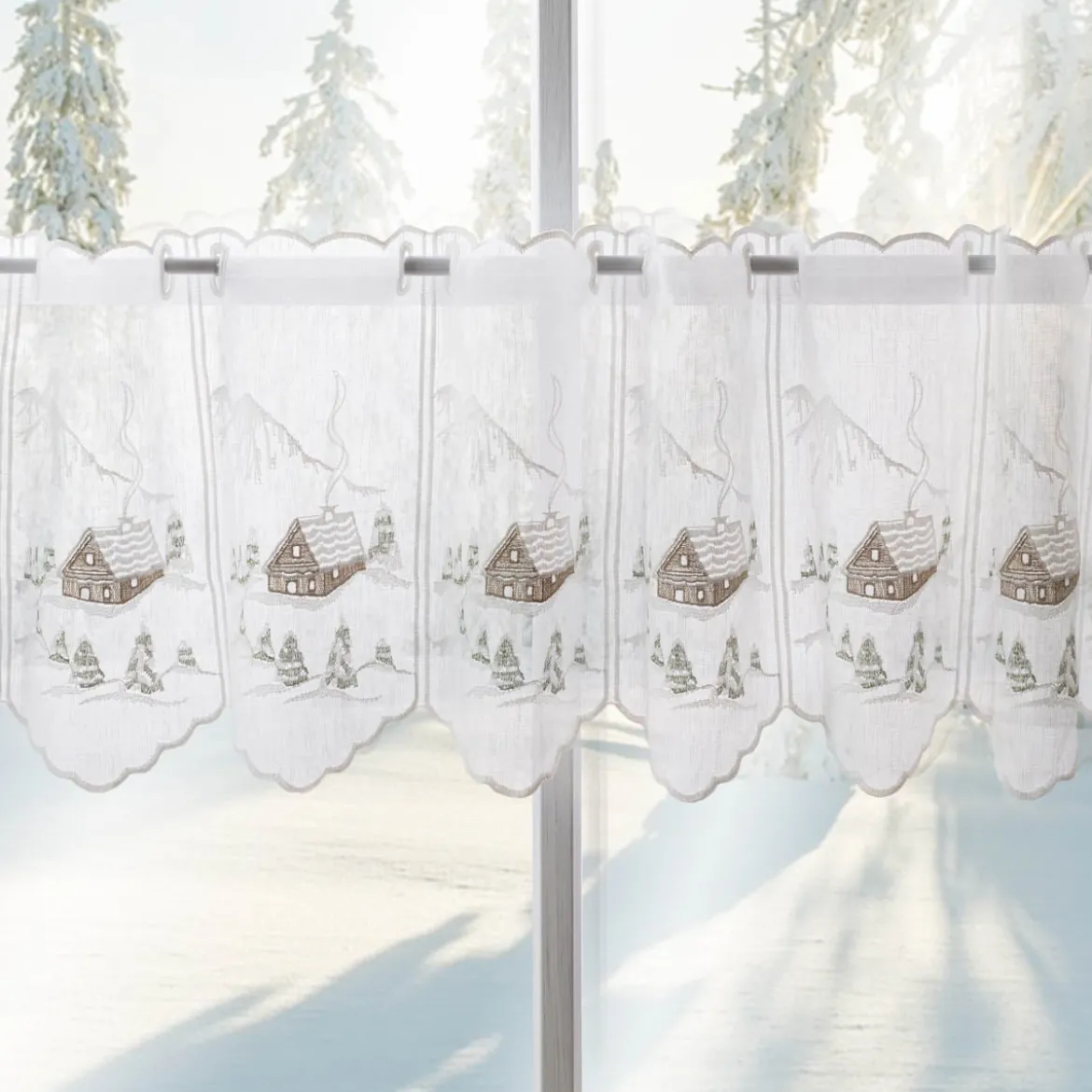 Scheibengardine Stickerei Leinenoptik nähfrei Winterhaus wollweiß 30cm Höhe