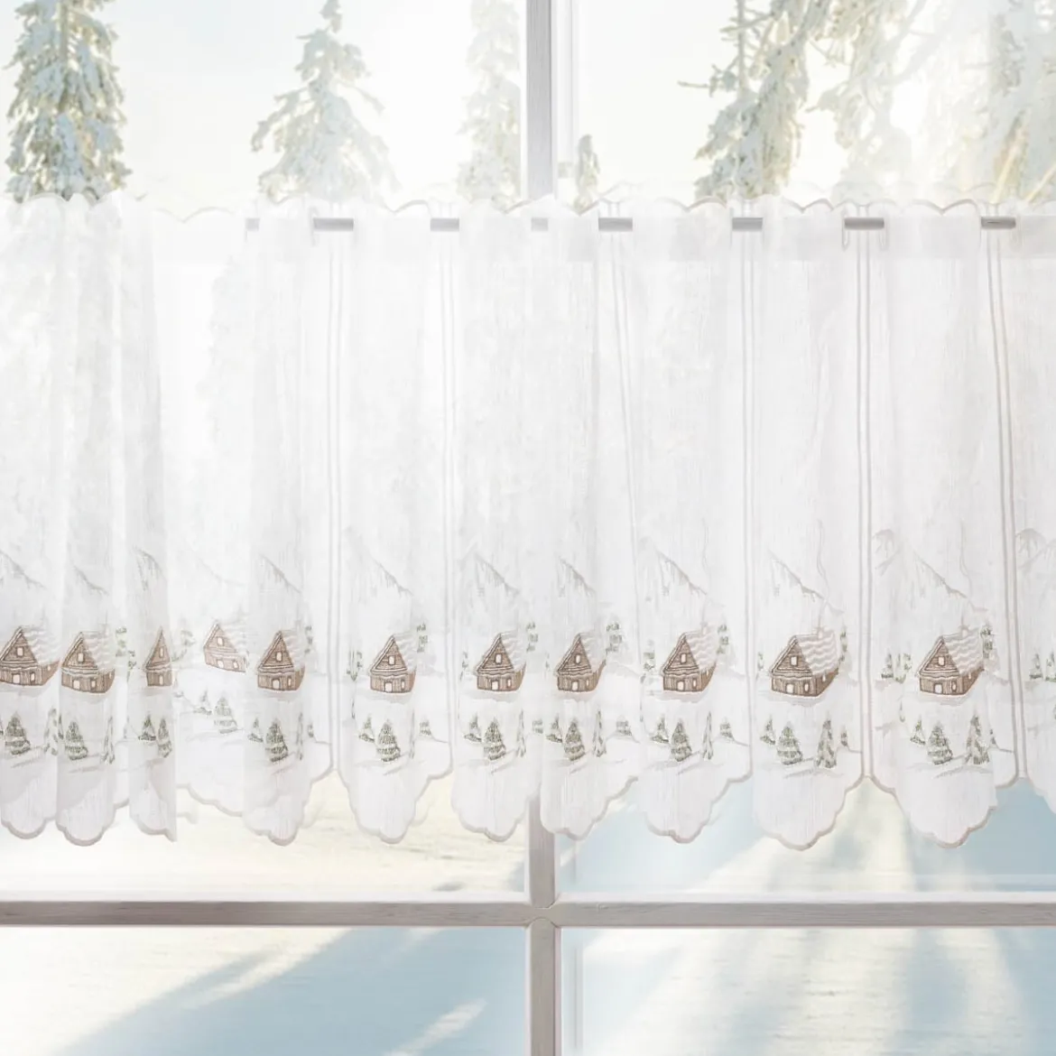 Scheibengardine Stickerei Leinenoptik nähfrei Winterhaus wollweiß 45cm Höhe