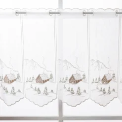 Scheibengardine Stickerei Leinenoptik nähfrei Winterhaus wollweiß 45cm Höhe