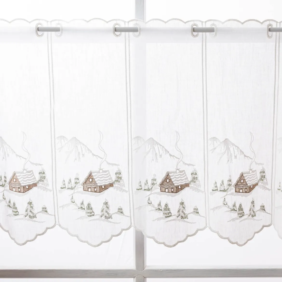 Scheibengardine Stickerei Leinenoptik nähfrei Winterhaus wollweiß 45cm Höhe