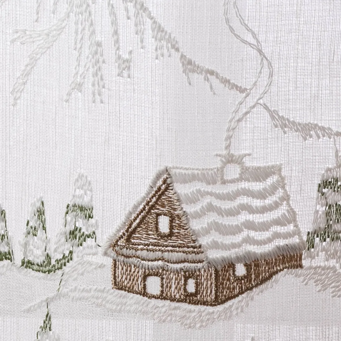 Scheibengardine Stickerei Leinenoptik nähfrei Winterhaus wollweiß 60cm Höhe