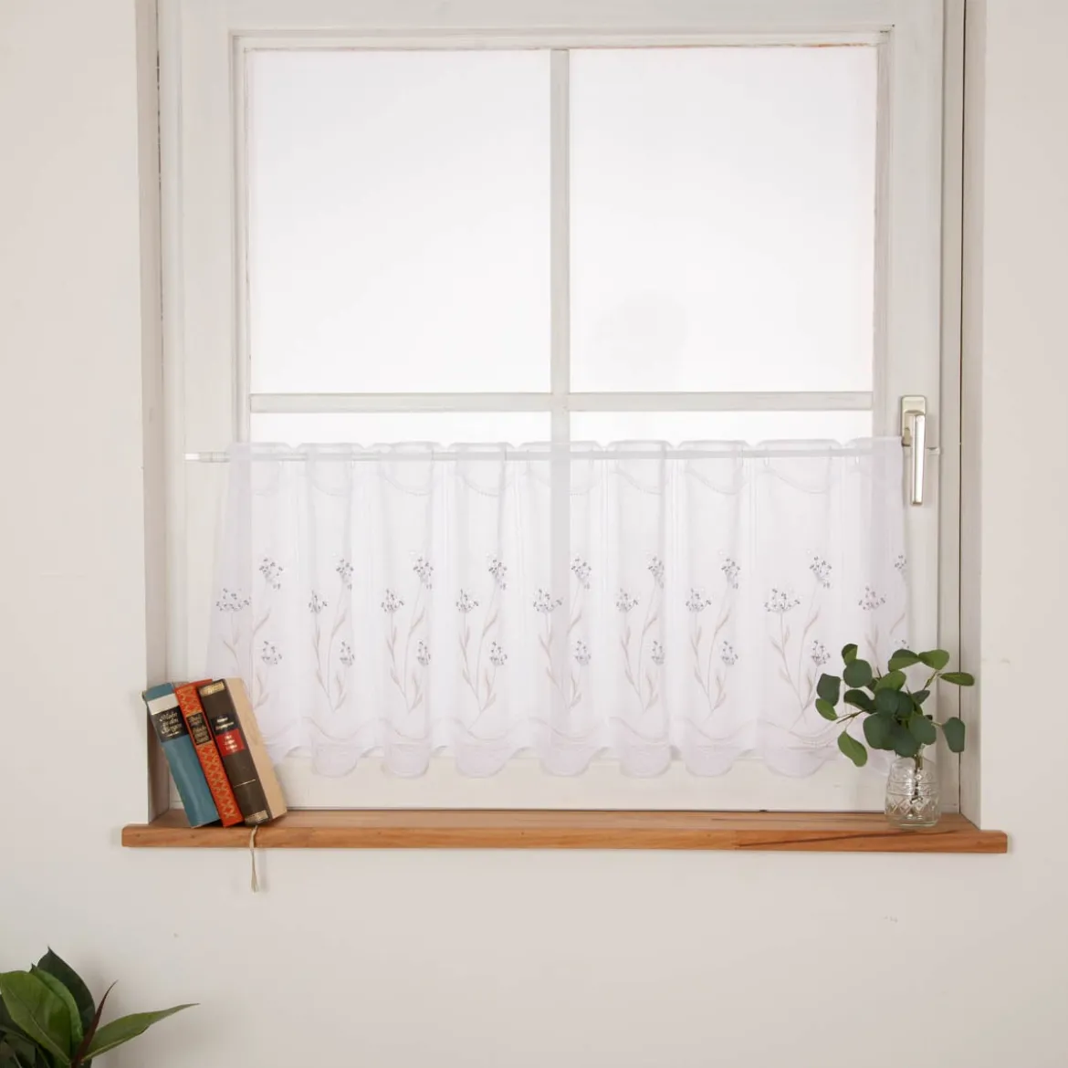 Scheibengardine Stickerei Leinenoptik Blumen weiß 45x145cm (HxB)