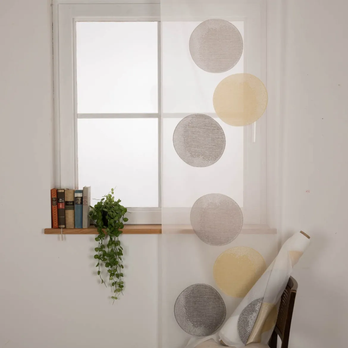 Schiebegardinen Meterware Effektvoile Scherli Kreise ecru gelb grau 60cm Breite