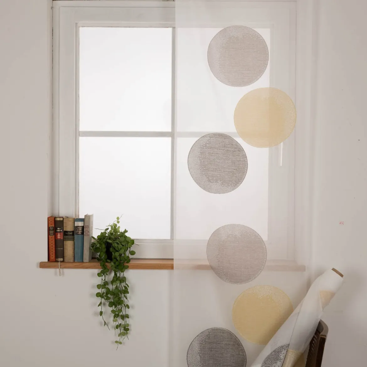 Schiebegardinen Meterware Effektvoile Scherli Kreise ecru gelb grau 60cm Breite