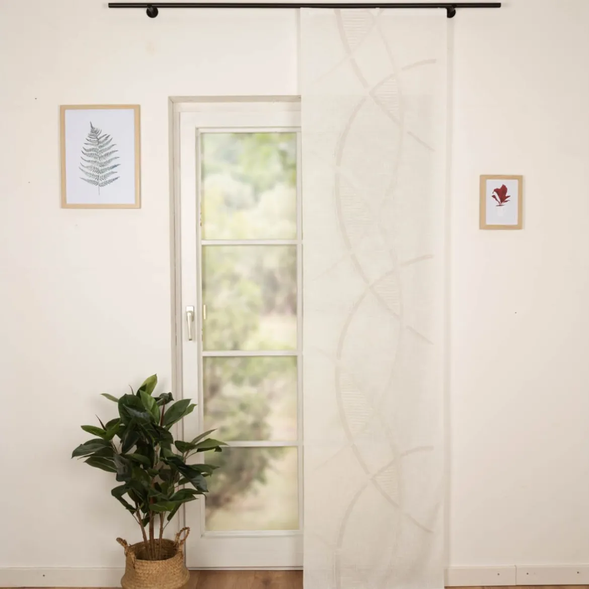 Schiebevorhang Leinenstruktur Voile Kreise mit Technik wollweiß natur 245x60cm