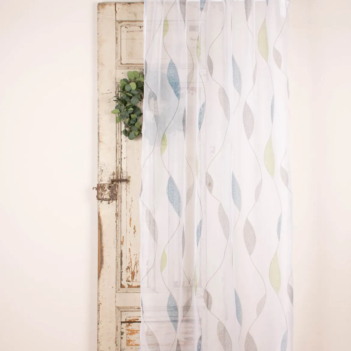 Schlaufenschal Fertiggardine Voile Blätter weiß blau grün 140x245cm