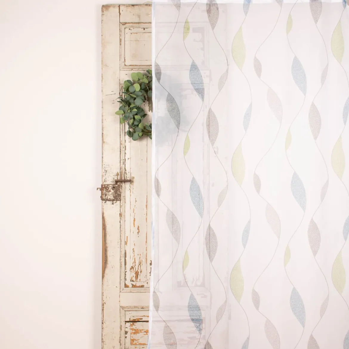 Schlaufenschal Fertiggardine Voile Blätter weiß blau grün 140x245cm