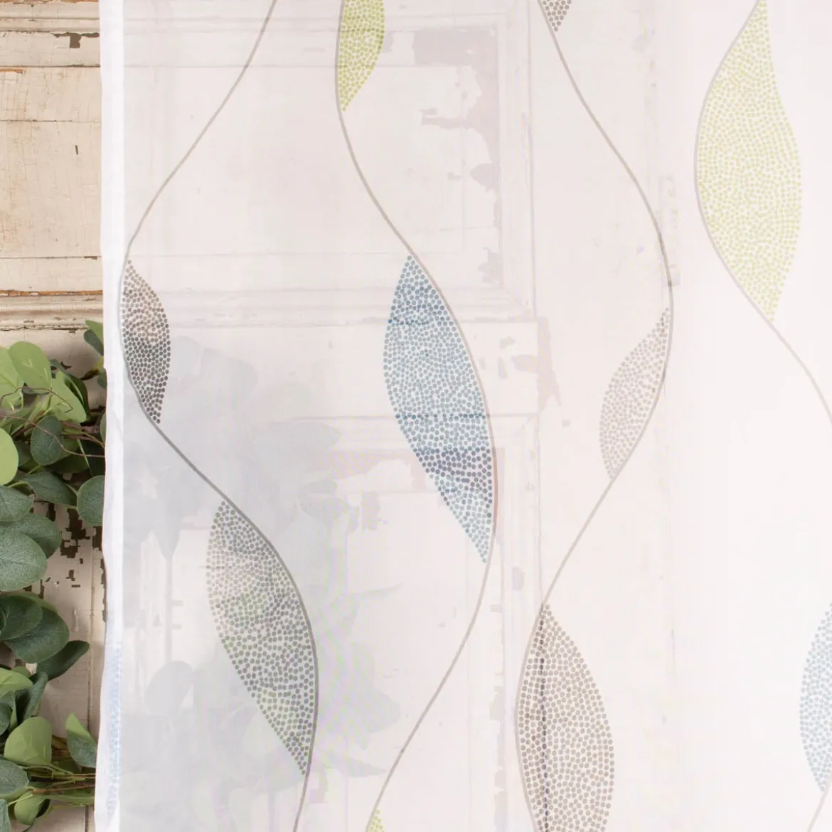 Schlaufenschal Fertiggardine Voile Blätter weiß blau grün 140x245cm