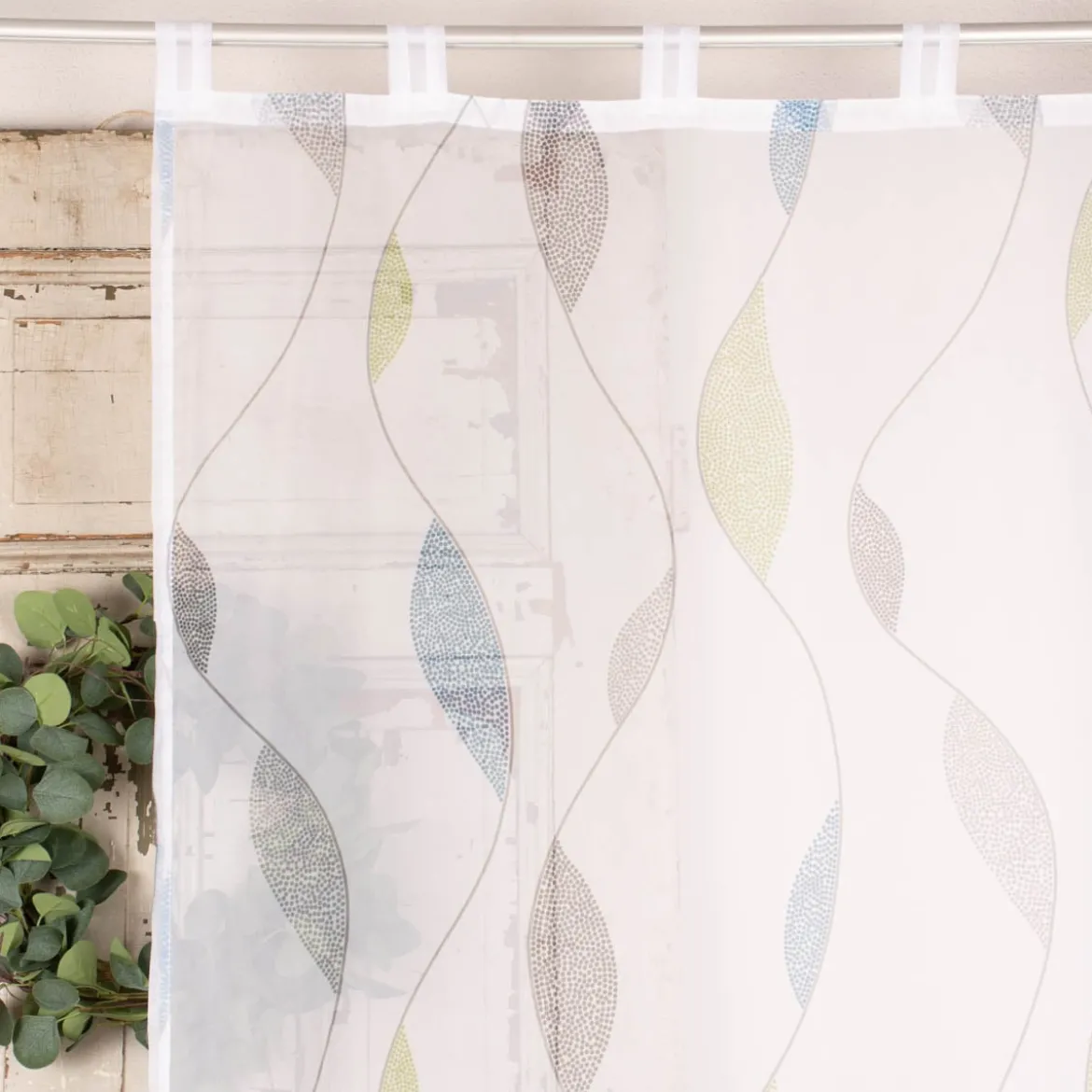 Schlaufenschal Fertiggardine Voile Blätter weiß blau grün 140x245cm