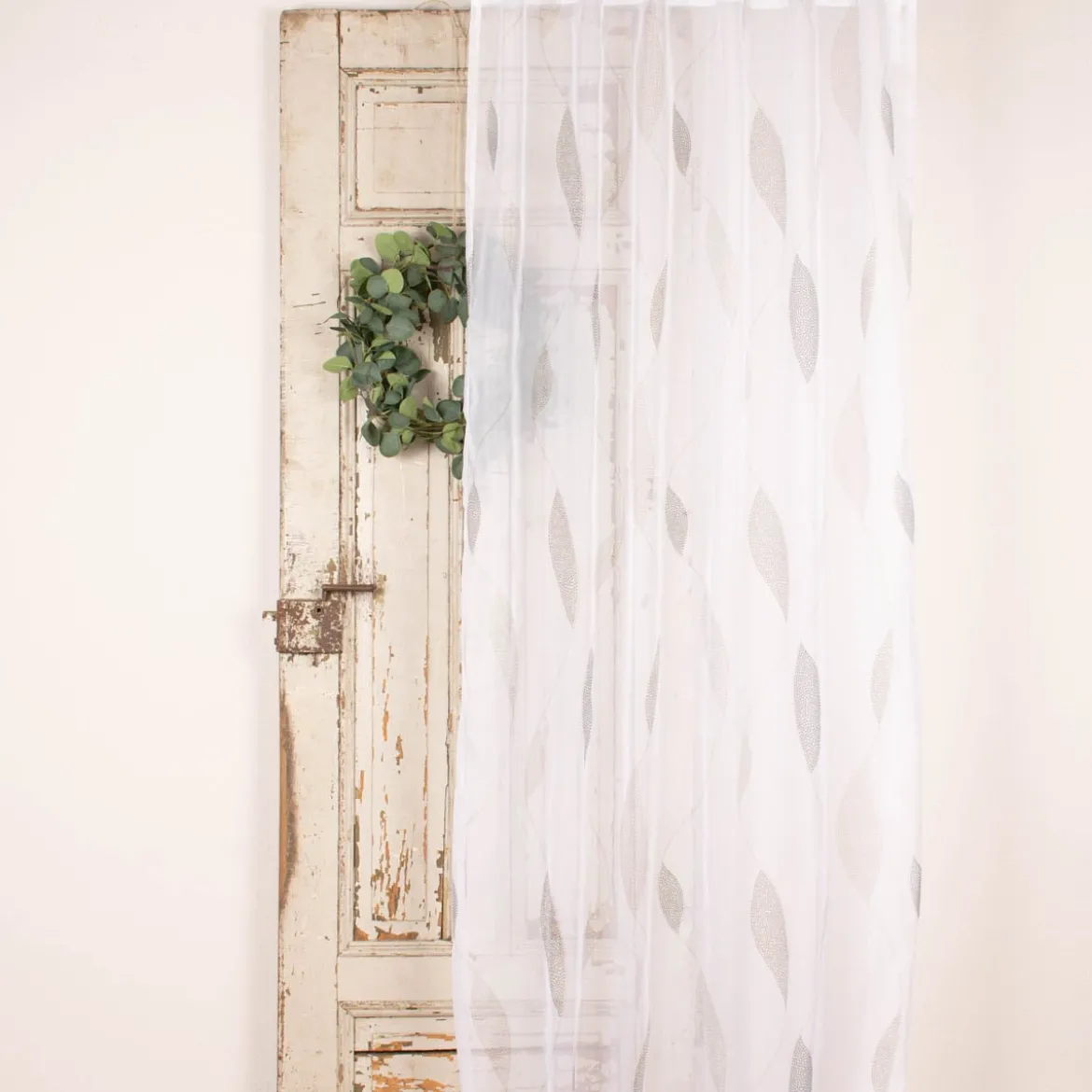 Schlaufenschal Fertiggardine Voile Blätter weiß grau 140x245cm