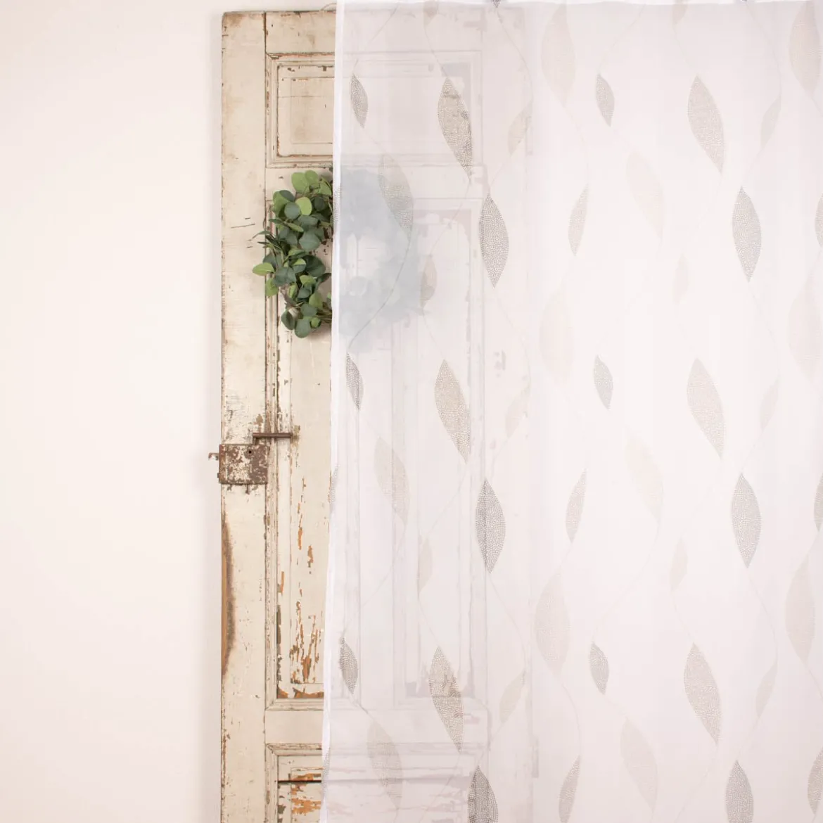Schlaufenschal Fertiggardine Voile Blätter weiß grau 140x245cm