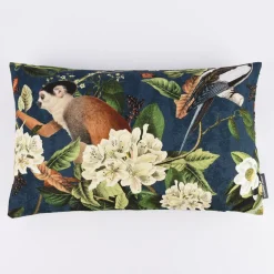 SCHÖNER LEBEN. Kissenhülle Affe Vogel Blumen Digitaldruck blau grün 30x50cm