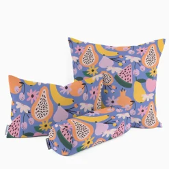 SCHÖNER LEBEN. Kissenhülle aus Baumwolle Retro Pop Obst Blumen lila bunt verschiedene Größen
