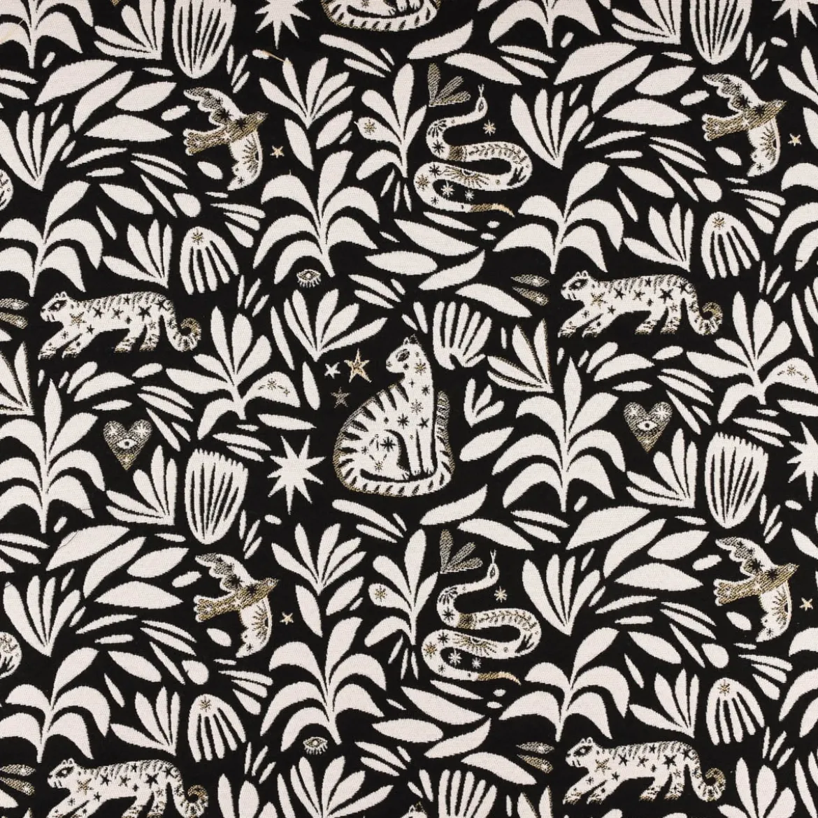 SCHÖNER LEBEN. Kissenhülle aus Jacquardstoff Mystik Blätter Schlange Vogel Wildkatze schwarz weiß goldfarbig verschiedene Größen