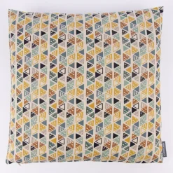 SCHÖNER LEBEN. Kissenhülle Dreiecke in Reihen beige petrol ocker schwarz 50x50cm