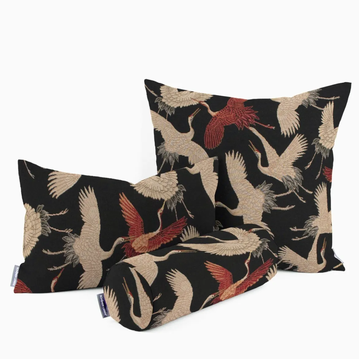 SCHÖNER LEBEN. Kissenhülle Gobelin Cranebird Paradise Kraniche schwarz beige rot verschiedene Größen