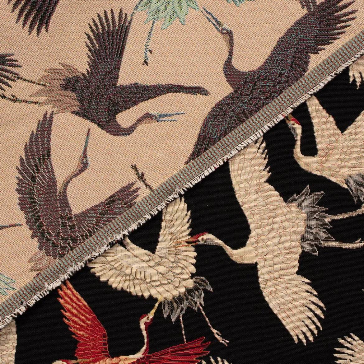 SCHÖNER LEBEN. Kissenhülle Gobelin Cranebird Paradise Kraniche schwarz beige rot verschiedene Größen