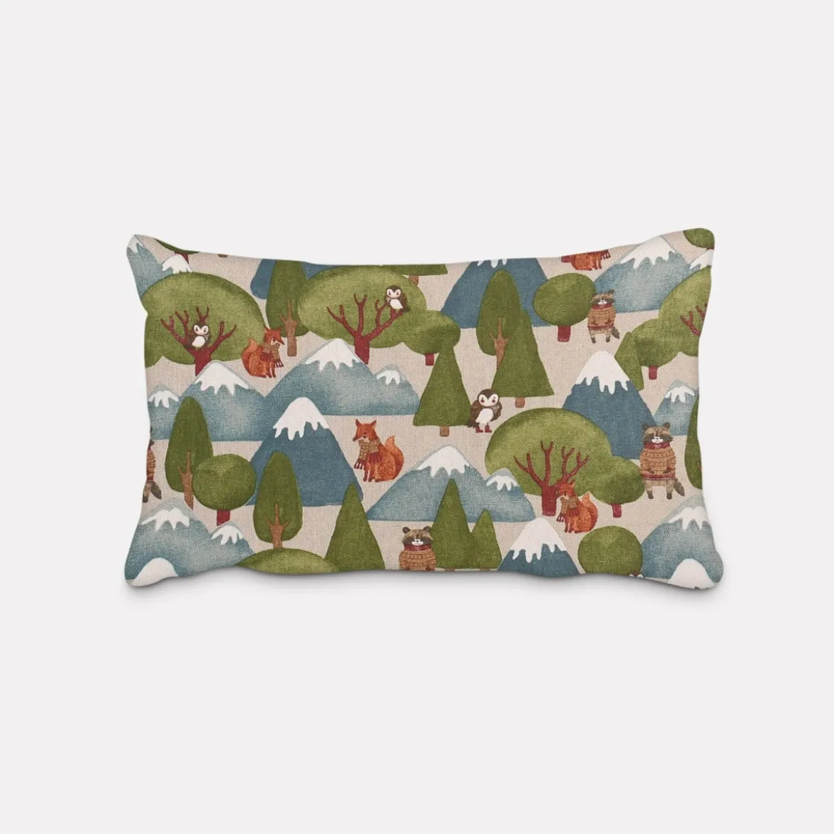 SCHÖNER LEBEN. Kissenhülle Leinenlook Wald Berge Wintertiere Fuchs Eule Waschbär natur grün blau verschiedene Größen