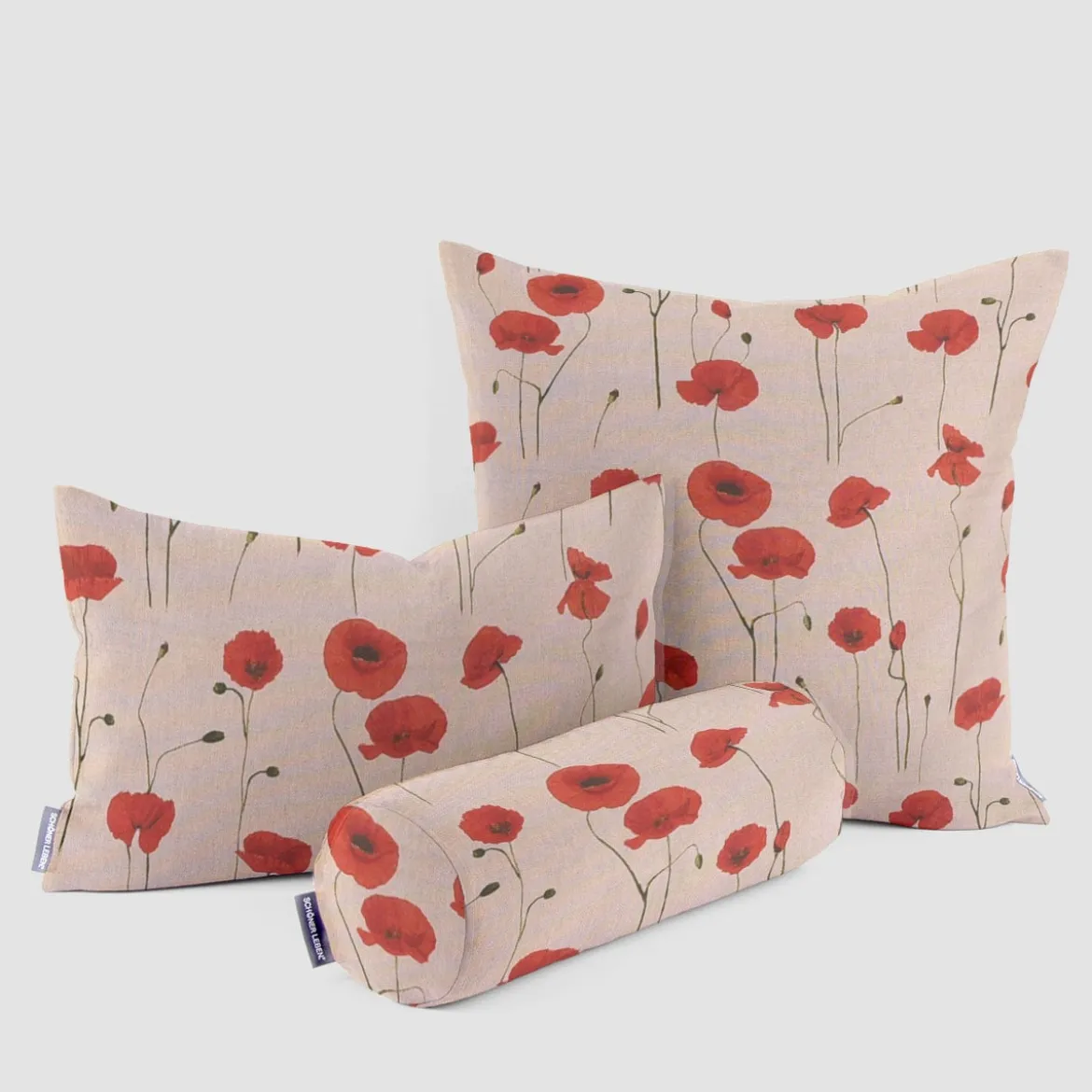 SCHÖNER LEBEN. Kissenhülle Leinenlook Poppy Field Mohnblumen natur rot verschiedene Größen