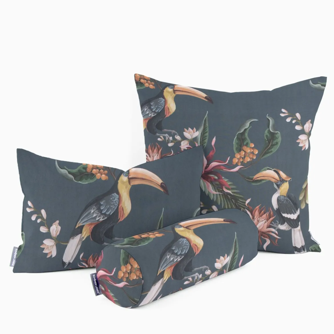 SCHÖNER LEBEN. Kissenhülle Velvet Digitaldruck Exotik Kakadu Blüten dunkelblau multicolor verschiedene Größen